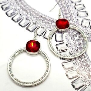 Ruby Red Crystal & White Pave Set Crystals Silver Hoop Earrings
